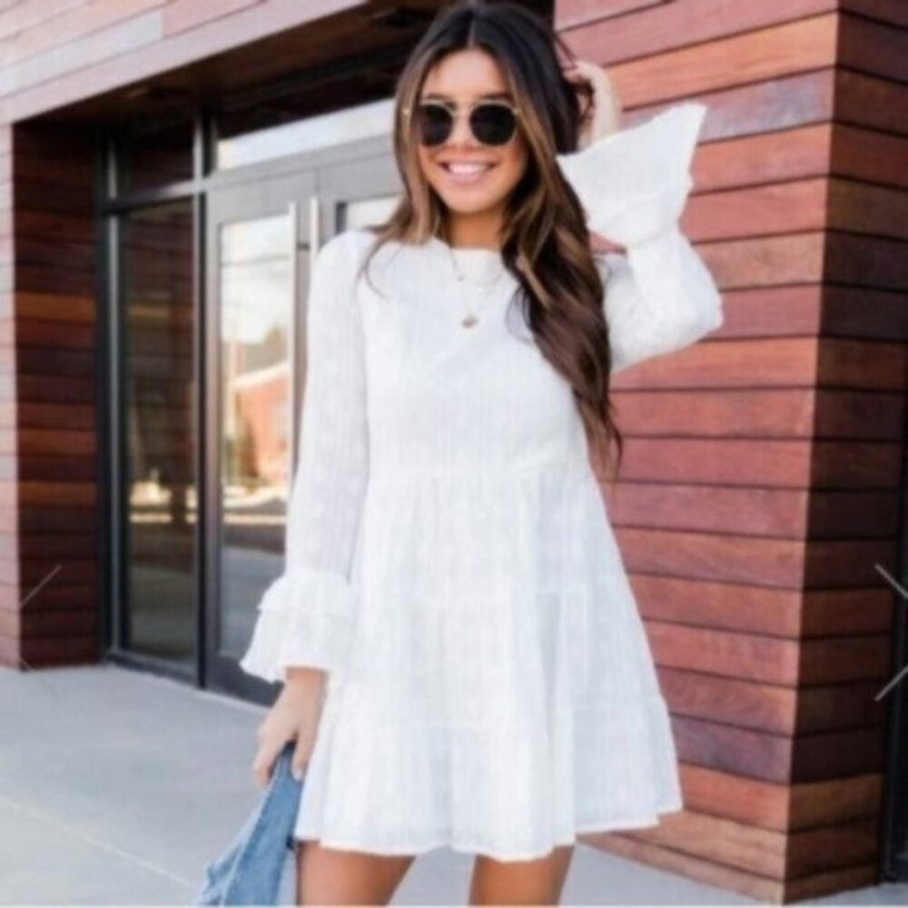 Pink Lily long sleeve ruffle tiered dress - white